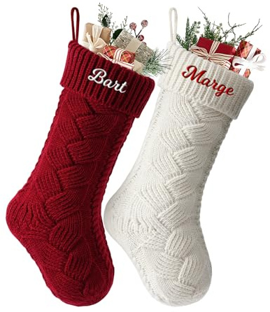 SearchI 2er Gestrickte Weihnachtsstrümpfe Personalisiert 18” Großer Individuelle Bestickte Name Nikolausstrumpf mit Benutzerdefinierte Christmas Stockings für Kamin Feiertags Familienparty Dekoration