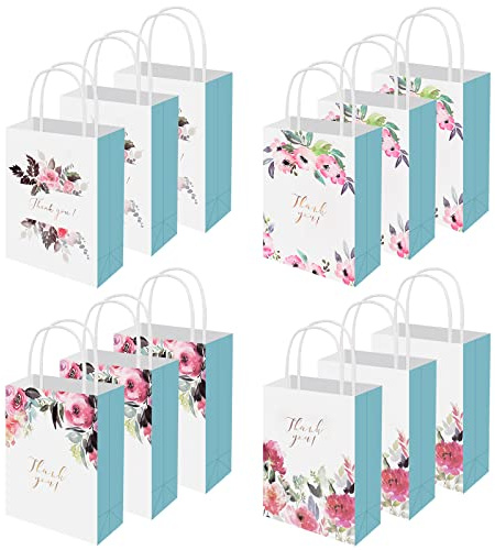12 Pcs Geschenktüten Papier Klein, 16x8x21cm, Party Geschenk Papiertüten mit Gedrehten Henkel, 4 Muster Tragetaschen Kraftpapier Tüten, Papiertragetasche Einkaufen Hochzeiten Geburtstag Weihnachten