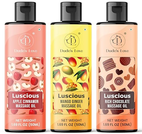 Dude's Love - Luscious Flavored Body Massage Oils | Relaxing & Skin Nourishing | Pack of 3 - Apple Cinnamon, Mango Ginger, Rich Chocolate (3 x 50ML)