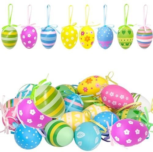 24 Stück Ostereier zum Aufhängen, Bunte Plastik Eier Osterdeko aus Kunststoff mit Seil Basteln 6 x 4cm Osterdeko in schönen Pastellfarben,Plastikeier zum Aufhängen für draußen und innen Deko Geschenk