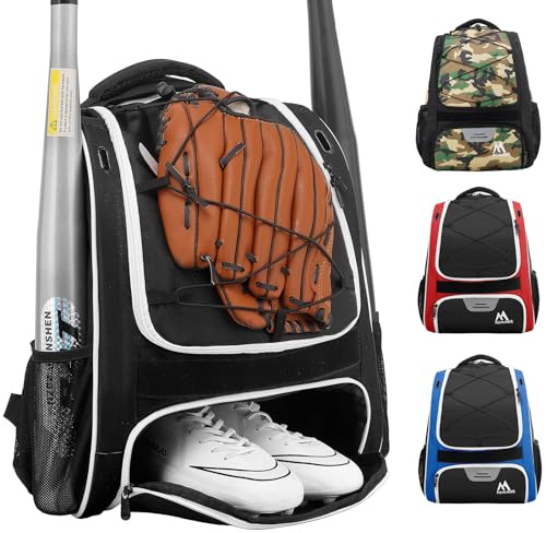 Hsmihair Baseball Bag - Baseball Backpack Holder for Baseball, Large Main Compartment,T-Ball & Softball Equipment & Gear for Youth and Adults,Holds Bats, Helmet, Gloves (Black)