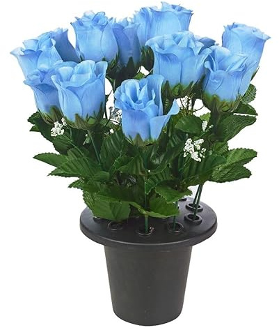 URBNLIVING Memorial Remembrance Cemetery Grave Pots Artificial Rose Flower in Black Planter Multicolored Mini Flowerpots