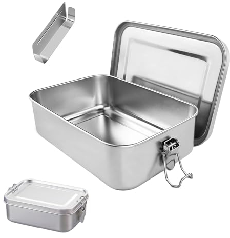 Stainless Steel Lunch Box With Removable Divider - Leakproof Metal Food Container for Adults and Kids, Office, School - 16.5 x 12.1 x 6 cm
