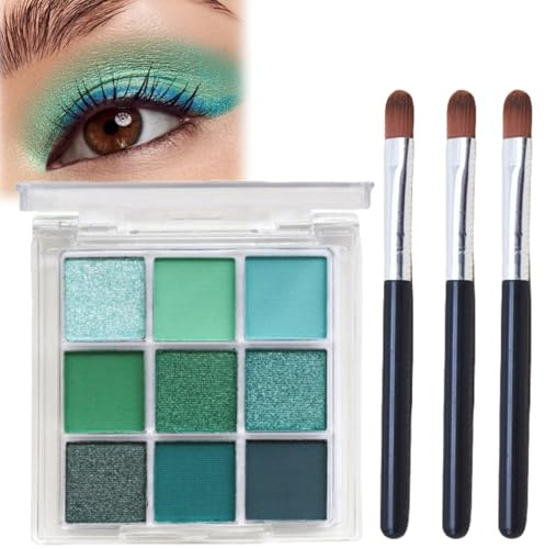 Shimmer & Glitter Eye Shadow Palette - Highly Pigmented Green Eyeshadows, 3 Brushes Included