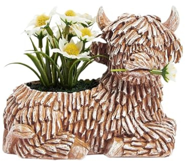 Resin Succulent Planter Cute Highland Cow Planter Pot Animal Flower Pot with Drainage Funny Cow Figurine Decoration for Office Home Garden