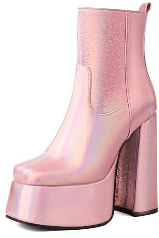 Bviennic Donna Tacco a Blocco Stivali con Plateau Tacco Alto Stivaletti Square Toe Zip Eleganti Stivali da Sera, T200483Yd Rosa Numero 34 EU