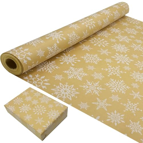 Carta Kraft da Regalo di Natale: Carta da Regalo Riciclabile con Design Fiocco di Neve per Imballaggio Regali di Natale - 43 cm x 15 M