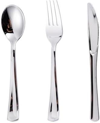 N9R 300PCS Silver Plastic Silverware Set, 100 Forks, 100 Spoons, 100 Knives, Heavy Duty Disposable Cutlery for Parties, Fancy Disposable Flatware for Weddings, and Daily Use