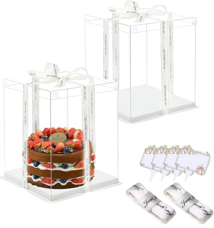 Vebetter 2pcs Boite a Gateau Transparente Boite Layer Cake Boite de Transport Gateau 22x 22cm Réutilisable Boîte à Gâteaux en Plastique avec Ruban pour Gateau et Présentoir à Dessert, 6 inch.