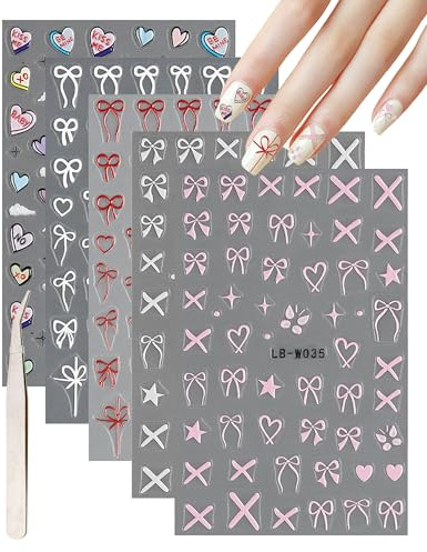 Nagelsticker Valentinstag-5 Blatt Nail Art Sticker Selbstklebend Nagelaufkleber und 1 Pinzette, Französisch Weiß Rot Bogen Herz Frauentag Muttertag Dekoration Nageldesign Zubehör Stickers-set I