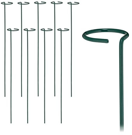 Relaxdays Pflanzstäbe Metall, 10er Set, Rankstäbe mit Ring, Metallstäbe Garten, Rankhilfe Stäbe, 60 cm lang, dunkelgrün