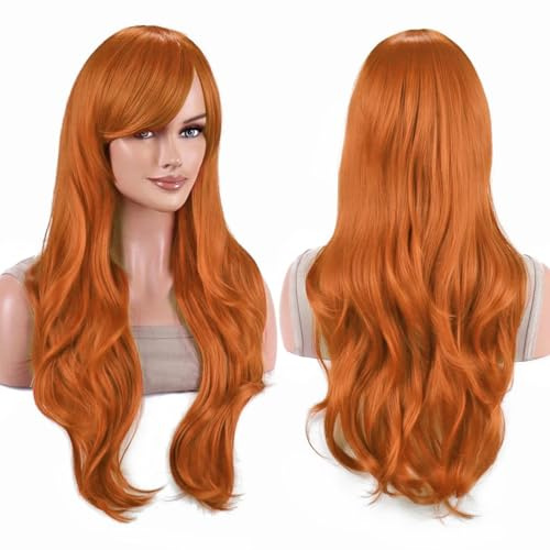 IMISSU 70cm lange Haare wassergewellte Perücken mit Pony Cosplay Kostüm Perücke (Orange)