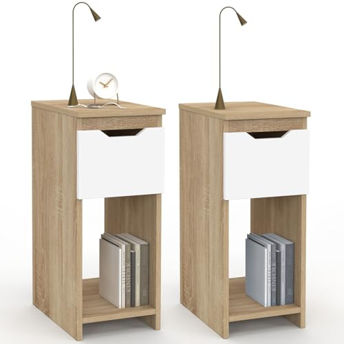 IDMarket - Lot de 2 Tables de Chevet Anouk 1 tiroir avec Niche Bois façon hêtre et Blanc