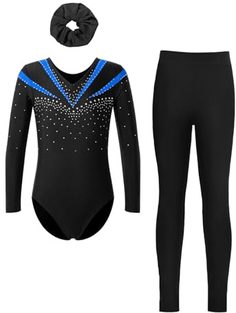 Nyeemya Turnanzug Mädchen Langarm Gymnastikanzug Kinder Strass Glitzer Trikot Streifen Patchwork Body Mit Hose Haarband Tanzkostüm Set 5-16 Jahre