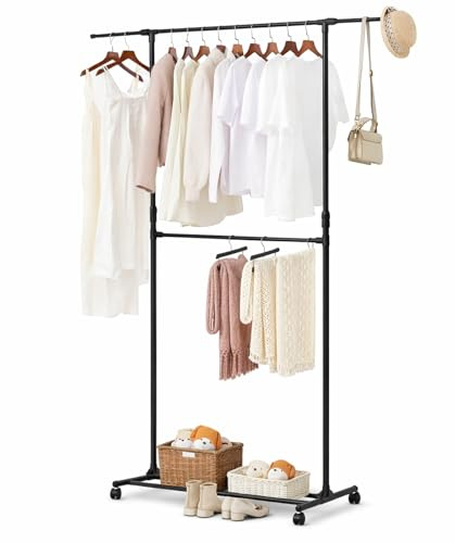 House Of Home Double Clothes Rail, Clothing Rack with Extendable Top Rail, Clothes Rail on Wheels, Height Adjustable Clothes Rack, Adjustable Middle Rail (Black)