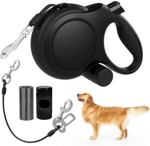 Indragbart hundkoppel 8 m, 360° anti-trassel-design, rullkoppel med bitskydd och bajspåsdispenser, dragkoppel, med halkfritt handtag, flexikoppel för hundar 15–50 kg, svart
