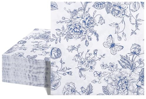 40 Blaue Blumen Cocktailservietten, 16,5 Cm Party Papierserviette | Weich & Saugfähig, Für Brautparty, Babyparty, Geburtstag, Tea Party