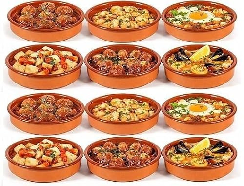 MINI Cazuelas de Barro Redondas, Terracota, 12 cm, Aptas para Vitrocerámica y Horno, Pack de 12 Unidades