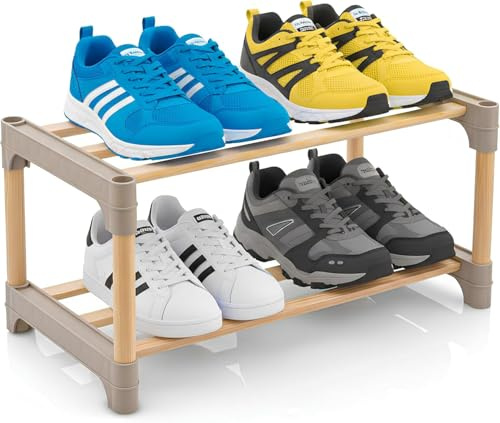 Natural Bamboo Shoe Rack & Organiser – Slim Wooden Storage Shelf for Narrow Hallways, Entryways & Bedrooms – Multi-Tier Space-Saving Standing Rack for Shoes, Books & Plants (Cream-sv001-2 Tier)