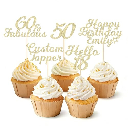EDSG Personalised Cupcake Toppers, 24pcs Glitter Happy Birthday Cupcake Toppers, Custom Cake Decorations with Any Text for Birthday, Wedding, Anniversary, Graduation, Baby Shower (Champagne Gold)