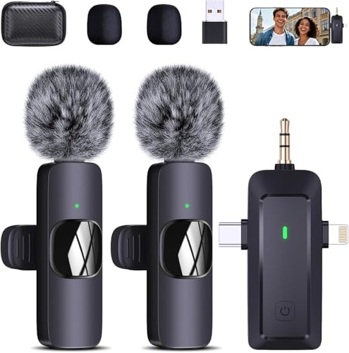 Micrófonos Lavalier inalámbricos duales para iPhone, Android, cámara, portátil, PC, micrófono de solapa inalámbrico 4 en 1 para grabación de video, vlog, YouTube, TikTok