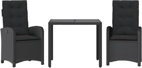 Foknhdi 3-TLG. Poly-Rattan Gartenmöbel-Set Schwarz 90 cm Gartentisch mit verstellbarem Gartensessel und dicken Kissen Robust und Modern für Terrasse und Garten