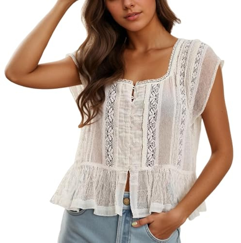 Blusa de encaje de manga corta con volantes y lazo frontal para mujer, blusa de encaje bordada con botones para el verano