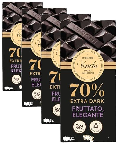 Venchi - Tavoletta di Cioccolato Fondente 70%, 78 g - Con Miscele di Cacao Selezionate - Senza Glutine - Vegano (Confezione da 4)