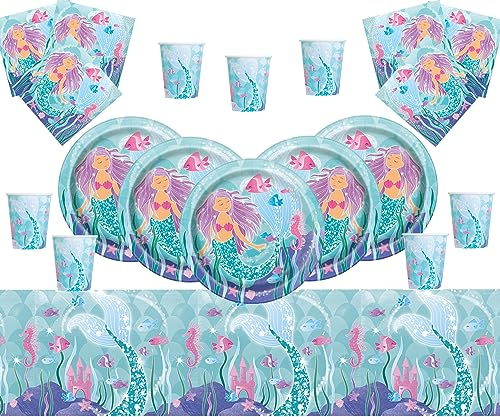Mermaid Party Supplies for Girls Birthday| Mermaid Birthday Party Tableware Kit for 16 Guests | Magical Mermaids Plates Cups Napkins Table Cover