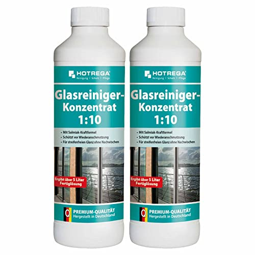 HOTREGA Glasreiniger Konzentrat 1:10 | 2x 500ml Fensterreiniger Set | Salmiak-Kraftformel für Spiegel & Glastüren | Ergibt 10L Fertiglösung | Streifenfreier Glanz ohne Polieren | Made in Germany