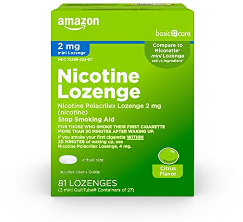 Amazon Basic Care Mini Nicotine Polacrilex Lozenge, 2 mg, Citrus Flavor, Stop Smoking Aid, Smoking Cessation, Reduces Withdrawal Symptoms and Nicotine Cravings, 81 Count