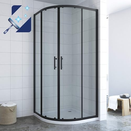 AQUABATOS Duschkabine Viertelkreis Schwarz Matt 80 x 80 x 195 cm Radius 55 cm Runddusche Halbrund mit Schiebetüren aus Echtglas mit Nanobeschichtung ohne Duschwanne