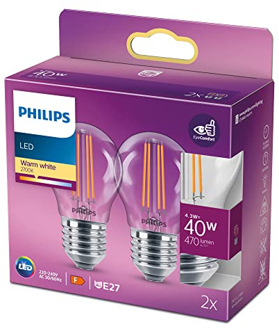 Philips LED Classic E27 Lampe, 40 W, Tropfenform, klar, warmweiß, Doppelpack, Weiß