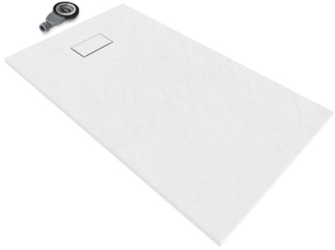 BOREAL piatto doccia 140 x 80 cm, piatto doccia extra piatto e robusto, 26 mm, in resistente con superficie anti-scivolo, effetto ardesia/pietra con scarico con coperchio, bianco