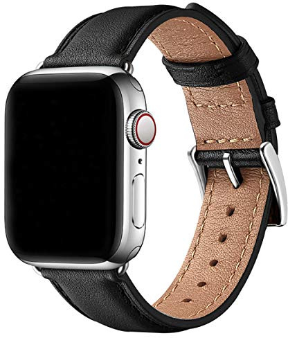 SUNFWR Leather Straps for Apple Watch Straps 46mm(Series 11/10) 49mm 45mm | 44mm 42mm(Series 1/2/3),Men Women Replacement Genuine Leather Strap for iWatch Series Ultra 11 10 9 8 7 6 5 4/SE,Black/Sliver