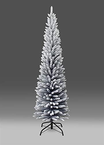 7Ft/2.1m Slim Christmas Tree Artificial Snow Flocked Frosted Pencil Tree 625 Pointed Tips, Metal Stand, Holiday Home Decorations