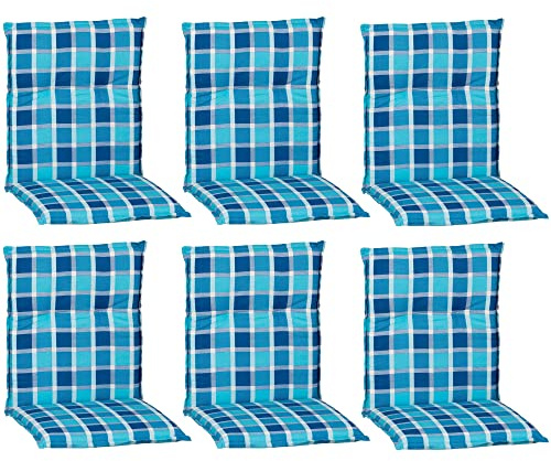 NYVI Gartenstuhl Auflagen Niedriglehner 6er Set Barcelona - UV-Beständig, Atmungsaktiv, Strapazierfähig - Niedriglehnerauflagen Outdoor - Sitzauflagen für Gartenstühle 100x50cm Aqua Blau Karo