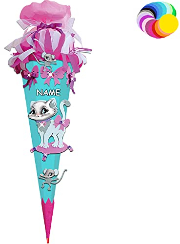 alles-meine.de GmbH Bastelset - Schultüte Farbe & Größe wählbar 70/85 / 100 cm - Katze & Maus - inkl. Name - Farbe frei wählbar - Bastelschultüte - Zuckertüte zum selber Ba..