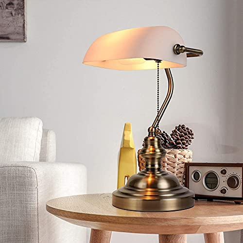 MOLOURK Retro Grün Bankerlampe mit Zugschalter, Vintage Schreibtischlampe, Banker Tischlampe Büro, Ø23cm Green Glasschirm, Bürolampe Nachttischlampe, Messing Finish, H36cm, E27 MAX40W (Weiß)