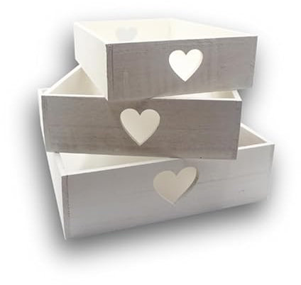 Virsus Set 3 Cassette in Legno Impilabili 6520, Maniglie a Cuore, misure 30x20x7cm, 35x25x8cm, 40x30x9cm, Cestini Portaoggetti Decorativi, Scatola organizer per camera, cucina, bagno (Bianco)