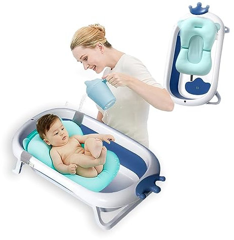 Coo11 87CM Collapsible Baby Bath Tub with Soft Cushion Pad Lightweight Anti-Slip Ergonomic Design, Portable Travel & Home Use Bathing Essentials for Newborn & Toddlers 0-36 Months