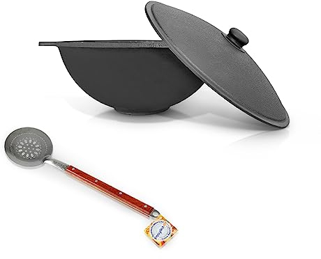 Gusseisen Kazan 4,5 L Aluminiumdeckel Schaumlöffel für Plov, 40 cm Usbekisch Kochtopf WOK Plov плов казан Kasan Feuerofen Plov учак