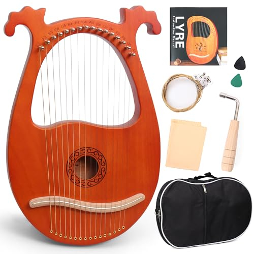 LOMUTY Harp Lyre 16 Saiten Mahagoni Harfe Klein Musikinstrument Lyre Leier Harfe mit Tunning, Musik Tutorial, Ersatzsaite, Plektren, Reinigungstuch, Braun, Geweih