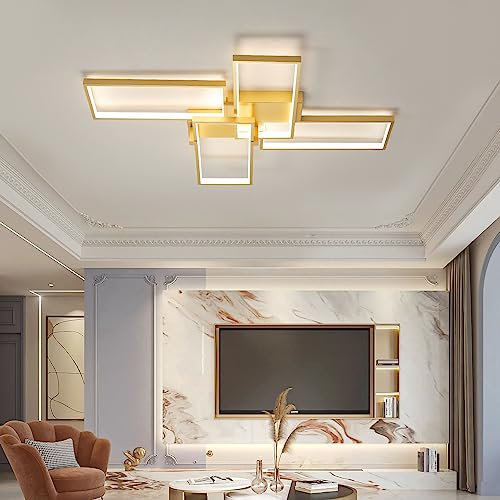 Deckenlampe LED Deckenleuchte dimmbar mit Fernbedienung Schwarz Wohnzimmerlampe Metall Geometrisch Wandlampe für Schlafzimmer Esszimmer Wohnzimmer Arbeitszimmer Büro Pendelleuchte (Gold, L90cm)