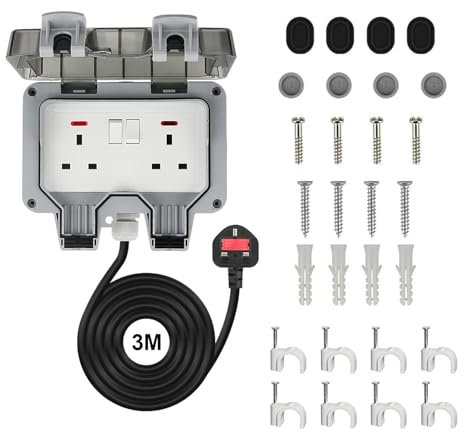 Bkiyougo Double Socket, outdoor sockets waterproof IP66 with 3M Extension Lead, Weatherproof Outdoor Plug Sockets, Exterior Wall Garden, 2 Gang Storm Switched Socket Outside Power Socket