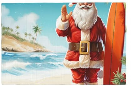 Weihnachtsmann mit dem Strand und Surfbrett Leinenimitat Tischsets Set rutschfest Hitzebeständig Platzsets Waschbar Langlebig Tischmatten für Esstisch Küchentisch 45,7 x 30,5 cm