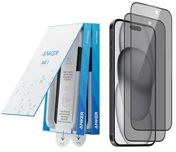 Anker filtre de confidentialité protecteur écran pour iPhone 15 Plus(2 filtres), verre trempé, installation facile et rapide, Ultra HD 8K, dureté 9H, résiste aux rayures et impacts, garantie 12 mois