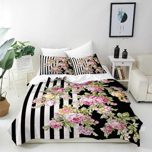 ANHOPE Schwarz Weiß Streifen Blume Bettwäsche Set Weich Microfaser Bettbezüge mit Reißverschluss 2 Teilig Bettbezug 135x200 cm & Kissenbezug 80x80 cm Bettdeckenbezug Set für Kinder Mädchen