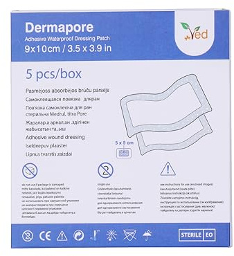 VED Dermapore Apósito adhesivo impermeable para heridas - Adecuado para cortes y rozaduras, úlceras venosas en las piernas, pequeñas úlceras por presión - Mediano, (9 x 10cm (Pack of 5))
