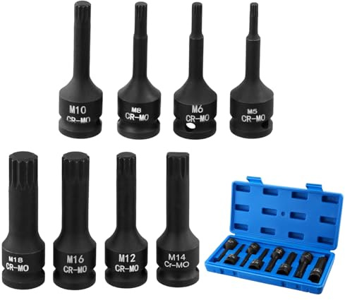 QWORK® 8 pièces. Cléà douille, Embout denture multiple M5 à M18, Entraînement 1/2, Acier chrome vanadium
